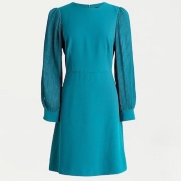 J. Crew | Pleated Balloon Sleeve A-line Dress Knee Length Jade Green 12P Petite - Picture 2 of 8